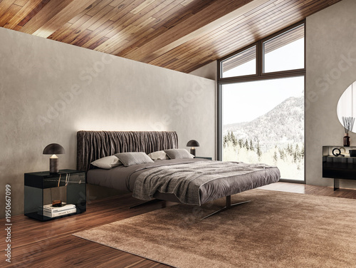 Modern luxury bedroom interior in minimal scandinavian style, 3d render