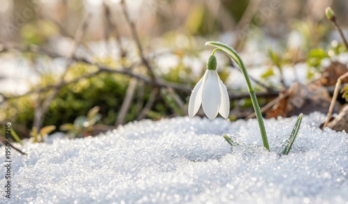 Macro photography of a single white snowdrop flower blooming through bright sparkling snow representing early spring awakening