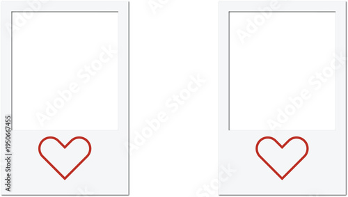 Two empty polaroid style picture frames with a red heart icon on each for your romantic memories Vector