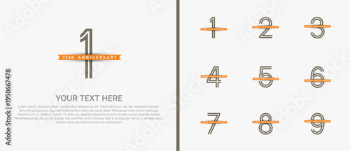 anniversary logo set with orange ribbon. brown number on white background for celebration moment