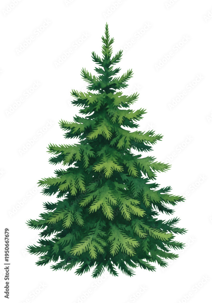 Obraz premium stylized watercolor illustration of a lush green evergreen spruce tree with vibrant emerald and sap green hues, isolated on a transparent background. concept for festive winter holiday design