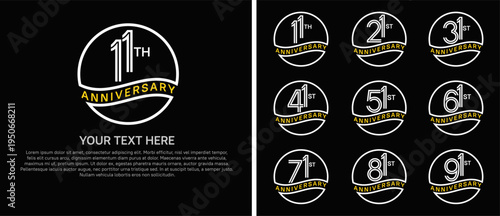 anniversary logo set with circle. white and yellow color on black background for celebration moment