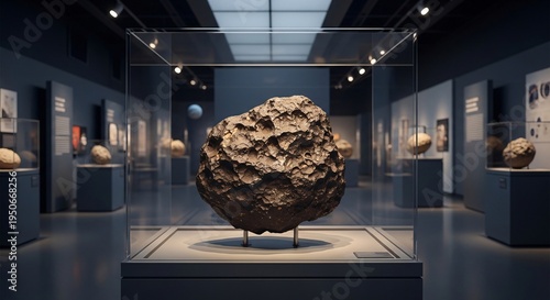 A massive meteorite specimen showcased in a modern museum exhibit with glass cases and subtle lighting.