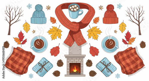 Cozy Winter Elements with Fireplace and Gifts.