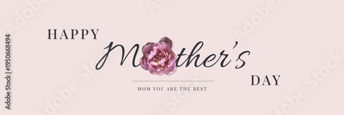 Elegant Mother's Day banner with pink tulip flower in collage technique. Minimal romantic typography design for greeting cards, invitations, posters and social media. Soft pastel floral aesthetic.