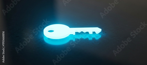 Glowing Cyan Key Icon on Dark Reflective Surface Keywords: key, icon, symbol, access, security