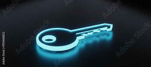 Glowing Cyan Key Icon on Dark Reflective Surface Keywords: key, icon, symbol, access, security
