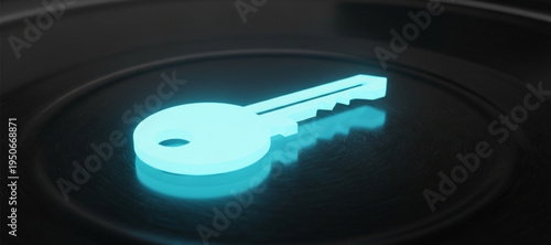 Glowing Cyan Key Icon on Dark Reflective Surface Keywords: key, icon, symbol, access, security