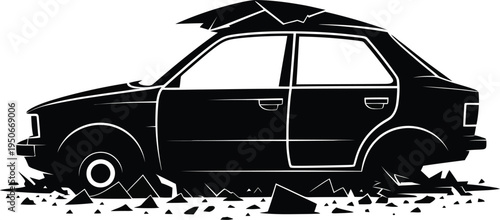 A car sinking into unstable and crumbling ground amidst a disaster scenario