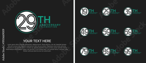 anniversary logo set with circle. white and green color on black background for celebration moment
