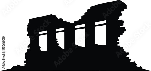 A silhouette of a dilapidated, abandoned ancient structure with crumbling walls