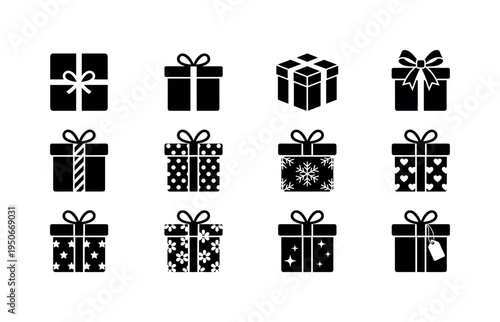 Flat lid gift box icon, hinged lid gift box, sliding drawer gift box, magnetic closure gift box, window display gift box, pillow