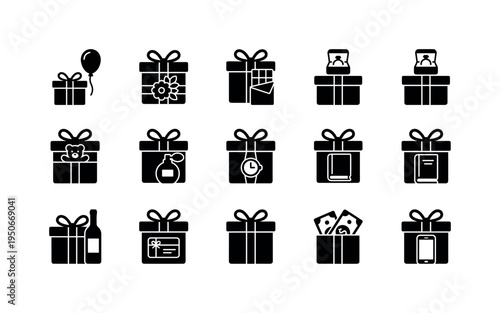 Gift box with balloon, gift box with flower decoration, gift box with chocolate inside, gift box with jewelry ring, gift box with