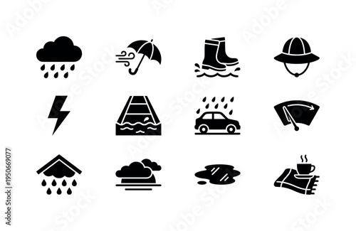 Heavy rain cloud icon, wind blowing umbrella symbol, rain boots stepping in water icon, rain hat with brim symbol, storm lightning