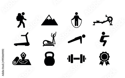 Hiking backpacker silhouette, mountain peak icon, jump rope exercise figure, rowing machine icon, treadmill machine, elliptical