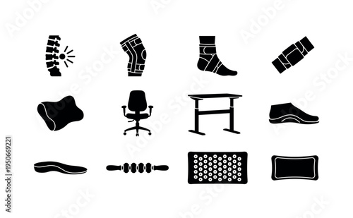 pain relief icon, knee joint support brace, ankle wrap support, wrist support band, neck posture pillow, ergonomic office chair,