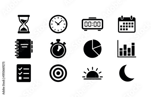 Hourglass sand timer, analog wall clock, digital alarm clock, calendar page, weekly planner notebook, stopwatch timer, pie chart