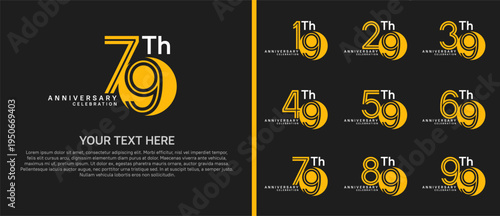 anniversary logo set with circle. white and yellow color on black background for celebration moment