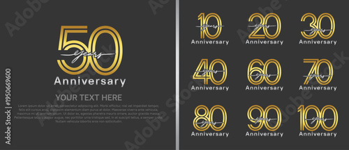 anniversary logo set with handwriting. golden and silver color on black background for celebration moment