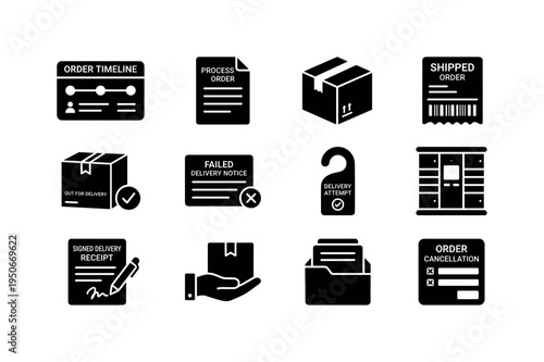 Order timeline card, processing order document, packed order box, shipped order label, out for delivery parcel, failed delivery