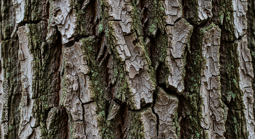 Close-up of textured tree bark with rough cracked surface and moss