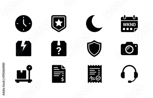 Delayed shipment clock, priority shipment badge, overnight delivery moon, weekend delivery calendar, damaged package crack symbol,