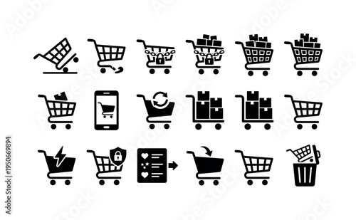 Collection of shopping cart icons representing various e-commerce and retail concepts
