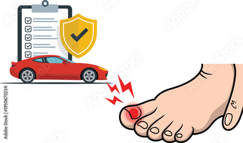 Car Insurance and Personal Injury Concept Vector Featuring Auto Safety Shield Clipboard and Red Toe Pain Inflammation for Accident Claims and Healthcare