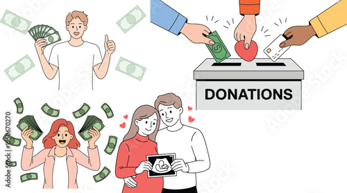 Financial Success and Charity Vector Set Featuring People with Cash Money, Donation Box for Social Support, and Happy Couple Showing Ultrasound Pregnancy Photo