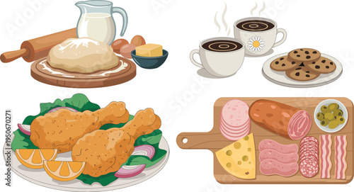 Food and Cooking Vector Illustration Set Featuring Baking Ingredients, Coffee with Cookies, Fried Chicken Dinner, and Charcuterie Meat and Cheese Board