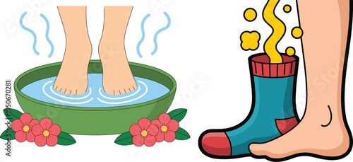 Foot Care Vector Illustration Set Featuring Smelly Feet Odor Concept and Relaxing Spa Foot Bath with Water Flowers for Wellness Hygiene Design