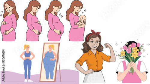 Women's Health and Maternity Vector Set Featuring Pregnancy Stages, Newborn Care, Weight Loss Transformation Progress, Strong Empowered Woman, and Floral Beauty Concept for Wellness