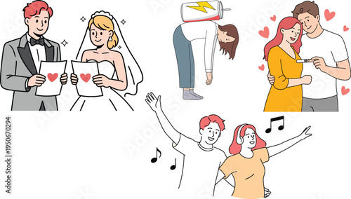 Life Milestones and Emotions Vector Set Featuring Wedding Vows, Pregnancy Announcement with Test Result, Tired Woman with Low Battery, and Couple Dancing to Music