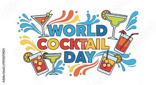 Colorful World Cocktail Day logo with cocktails and splashes in vibrant playful lighting for advertising