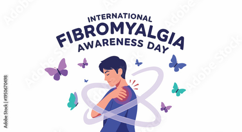 Man with fibromyalgia pain awareness ribbon purple butterflies International Fibromyalgia Awareness Day for health campaign
