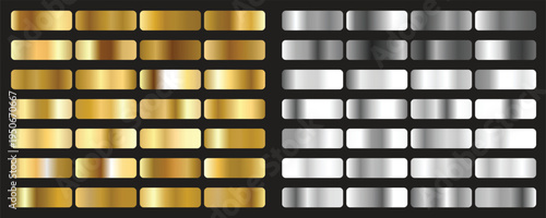 Collection of metallic color gradient swatches featuring various shades of brilliant gold and silver