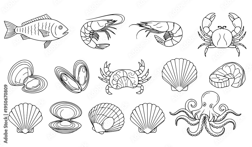Obraz premium A minimalist black and white vector illustration of various seafood including fish crustaceans and mollusks in a simple line art style on a white background