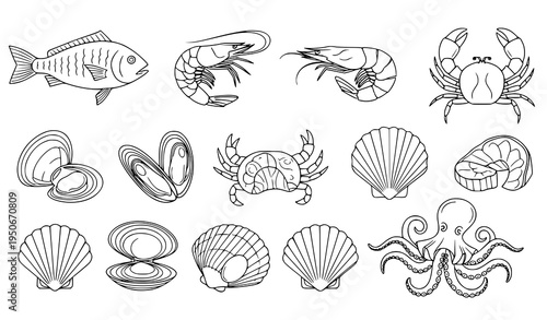 A minimalist black and white vector illustration of various seafood including fish crustaceans and mollusks in a simple line art style on a white background