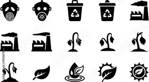 A collection of black environmental icons on transparent background