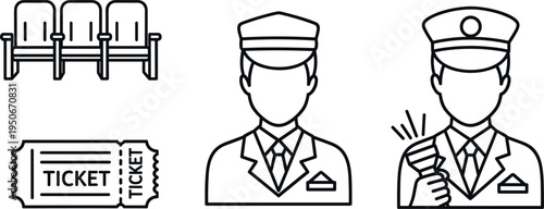 An illustration of airline icons including flight attendants and tickets on transparent background