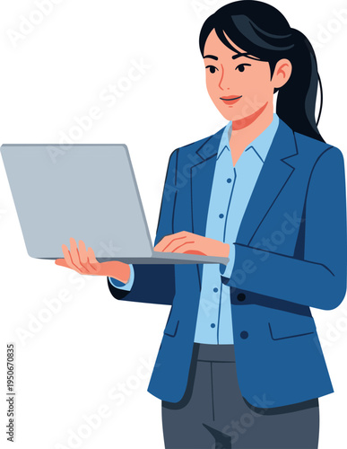 A professional woman holding a laptop on transparent background