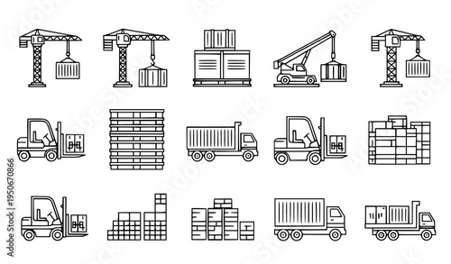 A collection of black and white line art illustrations depicting various industrial vehicles and warehouse equipment in a minimalist design style on a white background