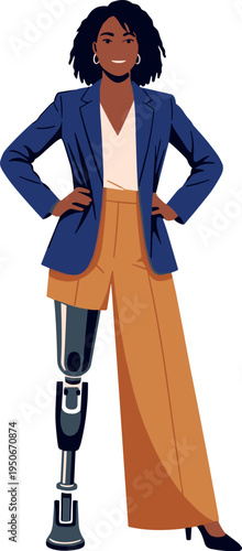 A confident businesswoman with a prosthetic leg standing on transparent background