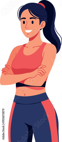 A confident woman in athletic wear standing with her arms crossed on transparent background