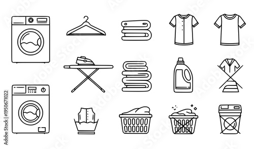 A set of black line art illustrations depicting various laundry icons including washing machines, dryers, clothes, and laundry accessories on a white background