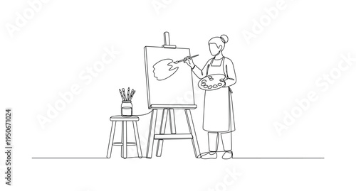 Artist painting on canvas with palette and brushes, minimalist line art style