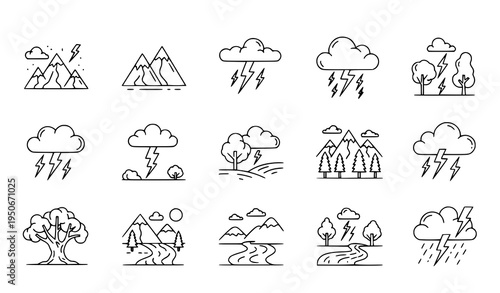 A collection of minimalist line art weather icons featuring various cloud and mountain illustrations with lightning bolts and raindrops on a transparent background