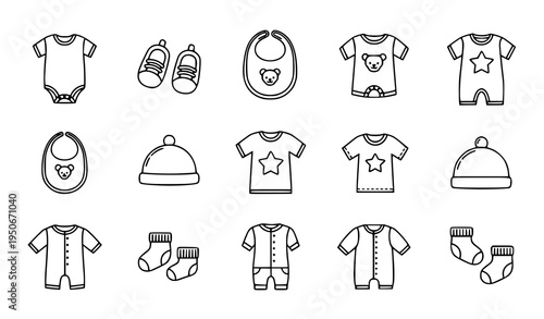 A collection of baby clothing and accessories illustrated in a minimalist line art style on a white background