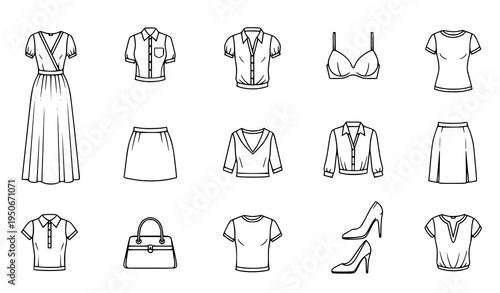 A minimalist vector graphic illustration of various clothing items and accessories for women including dresses skirts shirts bras heels and a handbag in a flat line art style