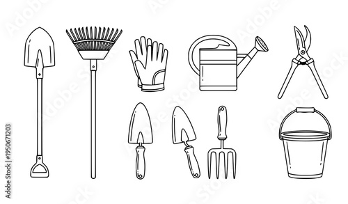 A set of gardening tools and equipment illustrated in a simple line art style on a white background